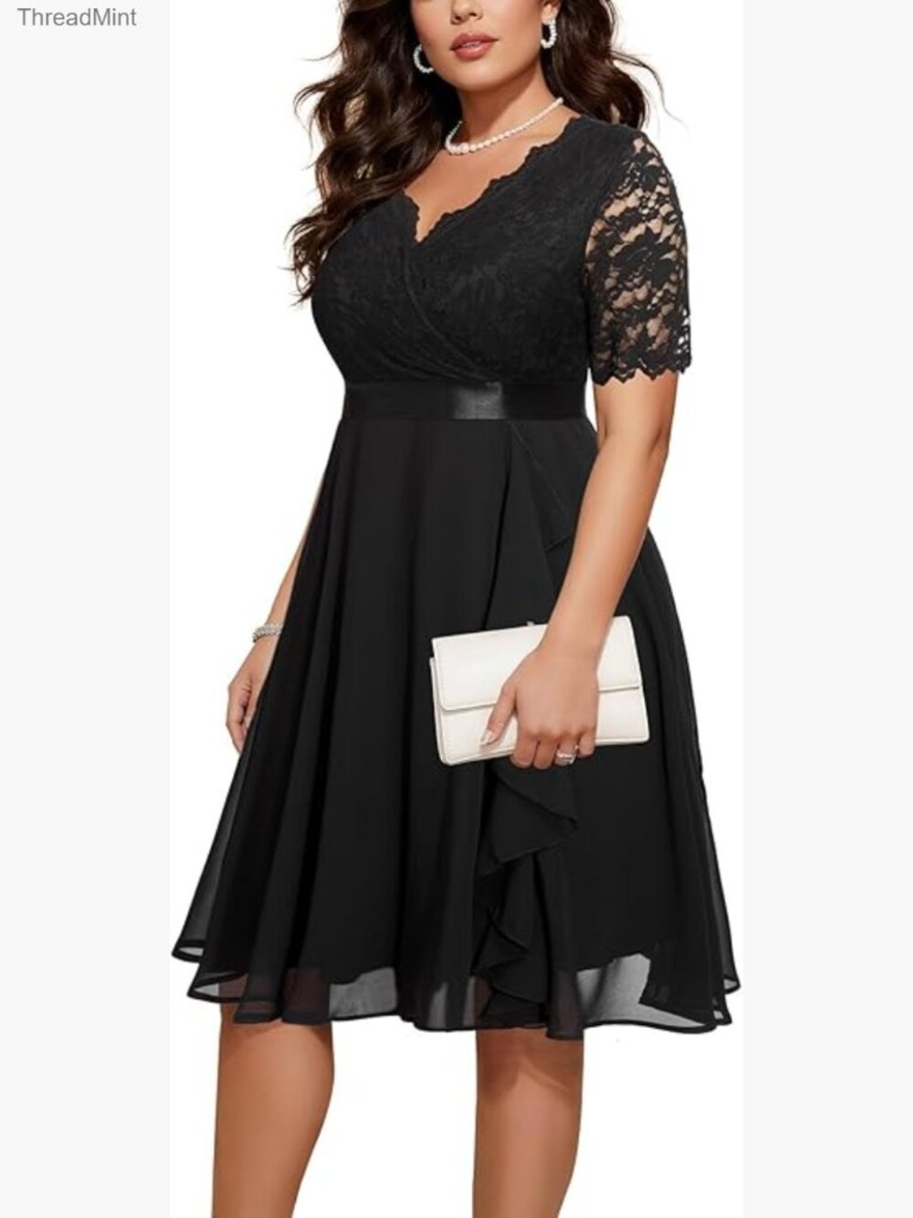 Plus Size Tea Length Midi Dress with Lace & Ruffled Chiffon - Formal Cocktail